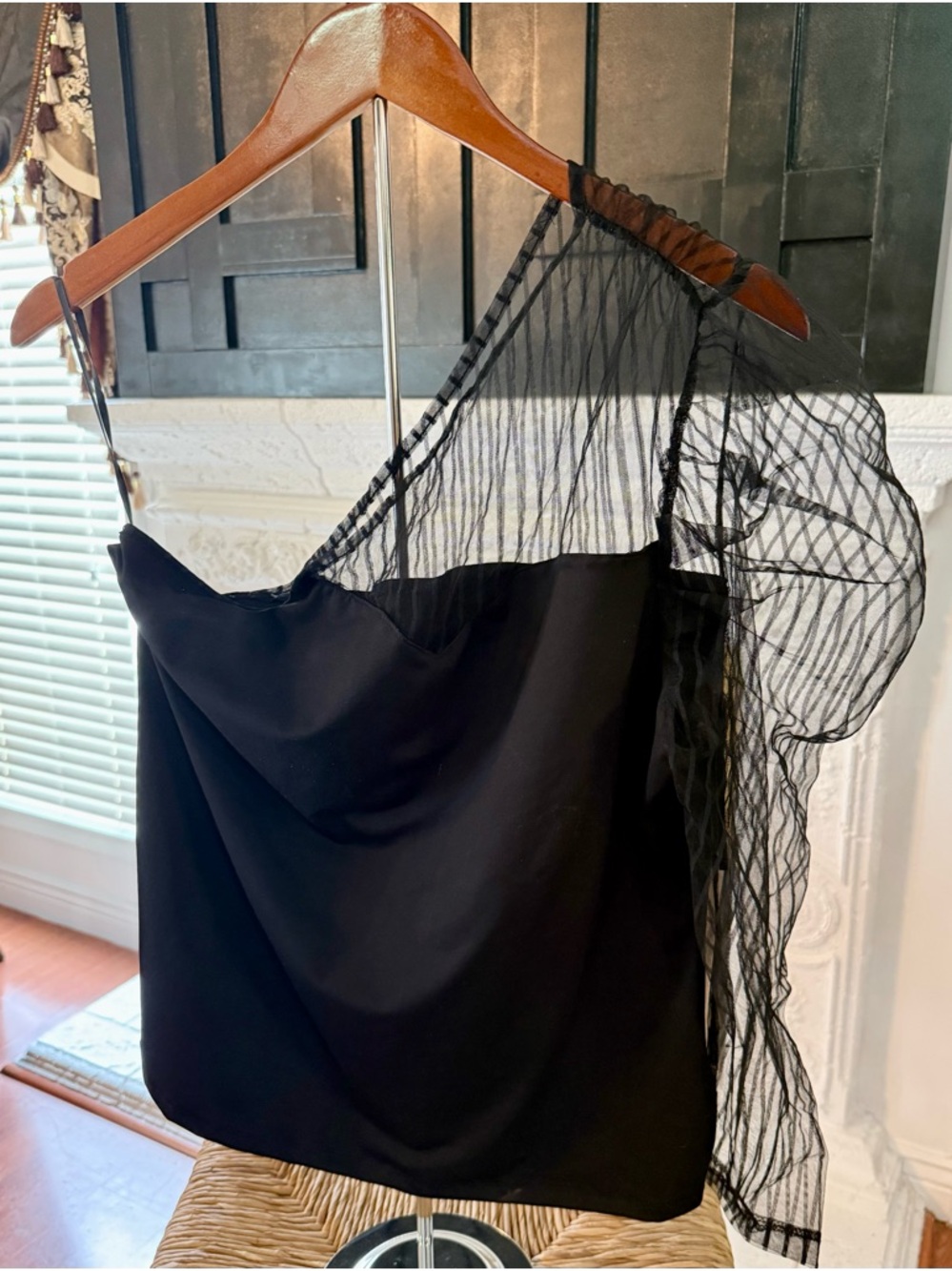 Pre-Loved One-Shoulder Black Top with Sheer Mesh Sleeve